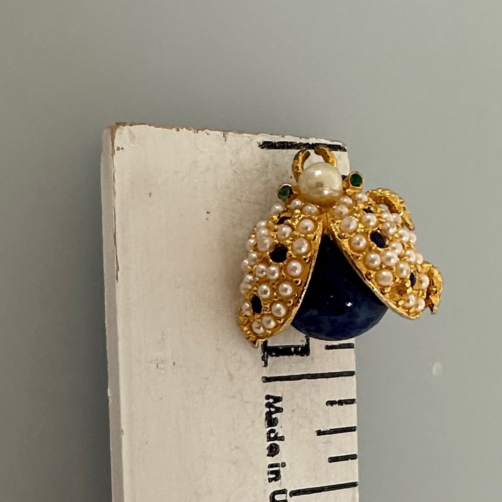 Gold-Tone Pearl & Lapis Stone Ladybug Brooch - Designer Style - Picture 5 of 5